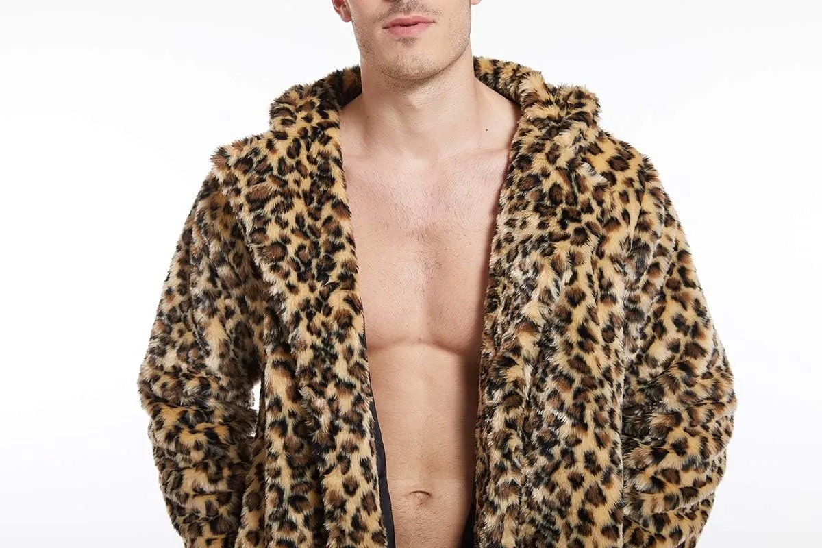 UMREN Mens Warm Leopard Faux Fur Coats Jacket Long Luxury Overwear Parka Cardigans