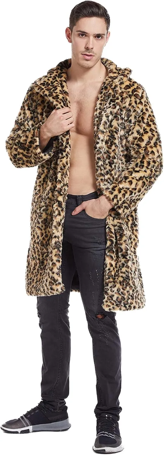 UMREN Mens Warm Leopard Faux Fur Coats Jacket Long Luxury Overwear Parka Cardigans