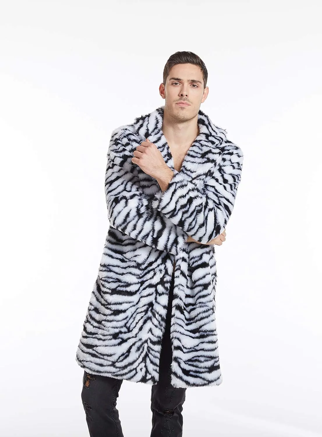 UMREN Mens Warm Leopard Faux Fur Coats Jacket Long Luxury Overwear Parka Cardigans