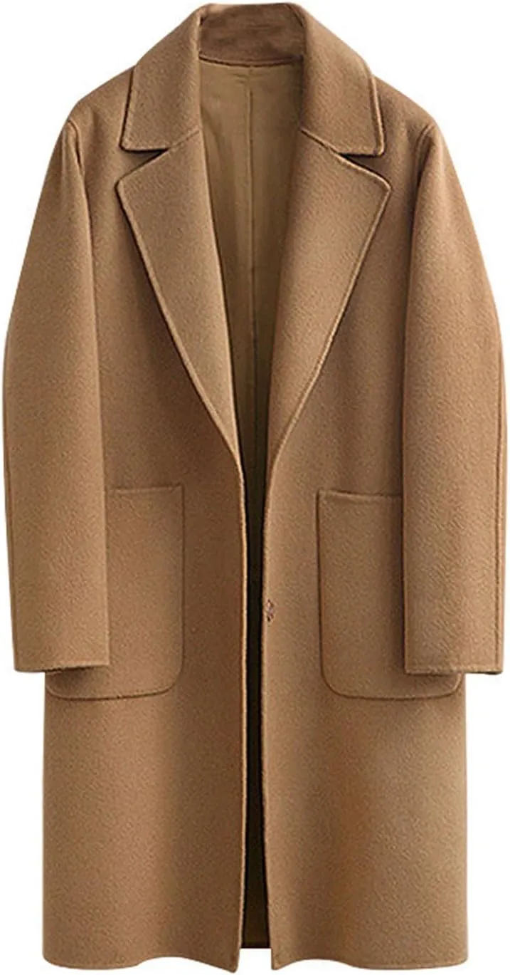 utcoco Womens Overcoat Fall Winter Notch Lapel Long Woolen Trench Coats with Pockets