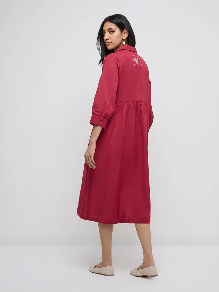 Utsa Magenta Floral Embroidered Cotton-Blend Shirt Dress