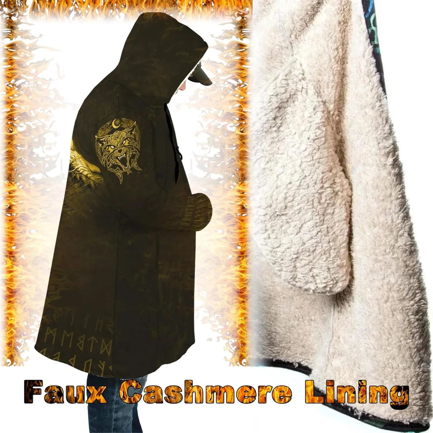 Viking Tattoos Men's Winter Warm Fleece Lining Hooded Parka Fenrir Wolf Pea Coats Trendy Mid-Length Sweater Coats