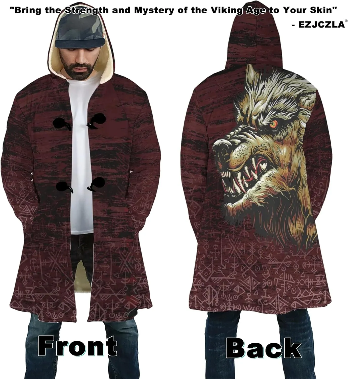 Viking Tattoos Men's Winter Warm Fleece Lining Hooded Parka Fenrir Wolf Pea Coats Trendy Mid-Length Sweater Coats
