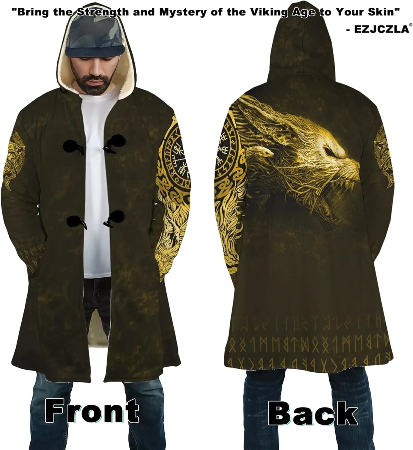 Viking Tattoos Men's Winter Warm Fleece Lining Hooded Parka Fenrir Wolf Pea Coats Trendy Mid-Length Sweater Coats