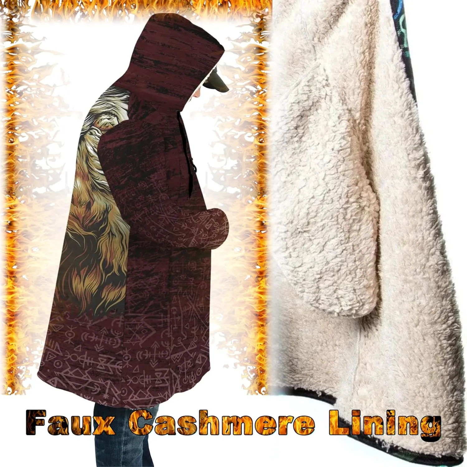 Viking Tattoos Men's Winter Warm Fleece Lining Hooded Parka Fenrir Wolf Pea Coats Trendy Mid-Length Sweater Coats