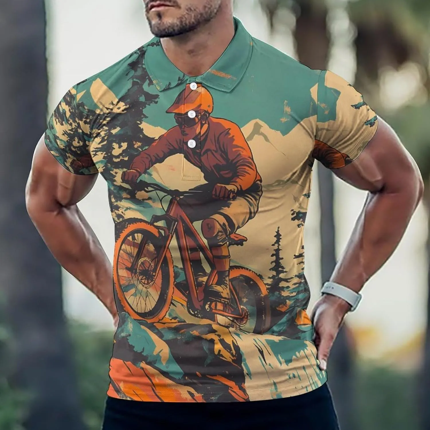 Vintage Mountain Biker Cycling Mens Polo Shirts Quick Dry Short Sleeve T-shirts Slim Tennis Collared Tees Tops