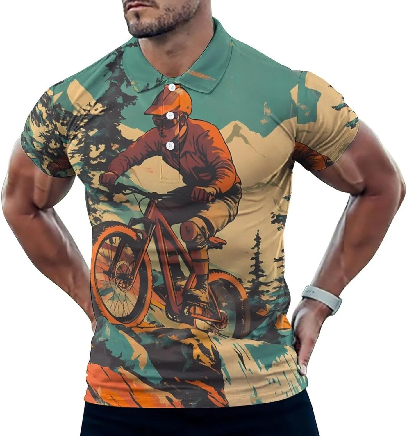Vintage Mountain Biker Cycling Mens Polo Shirts Quick Dry Short Sleeve T-shirts Slim Tennis Collared Tees Tops
