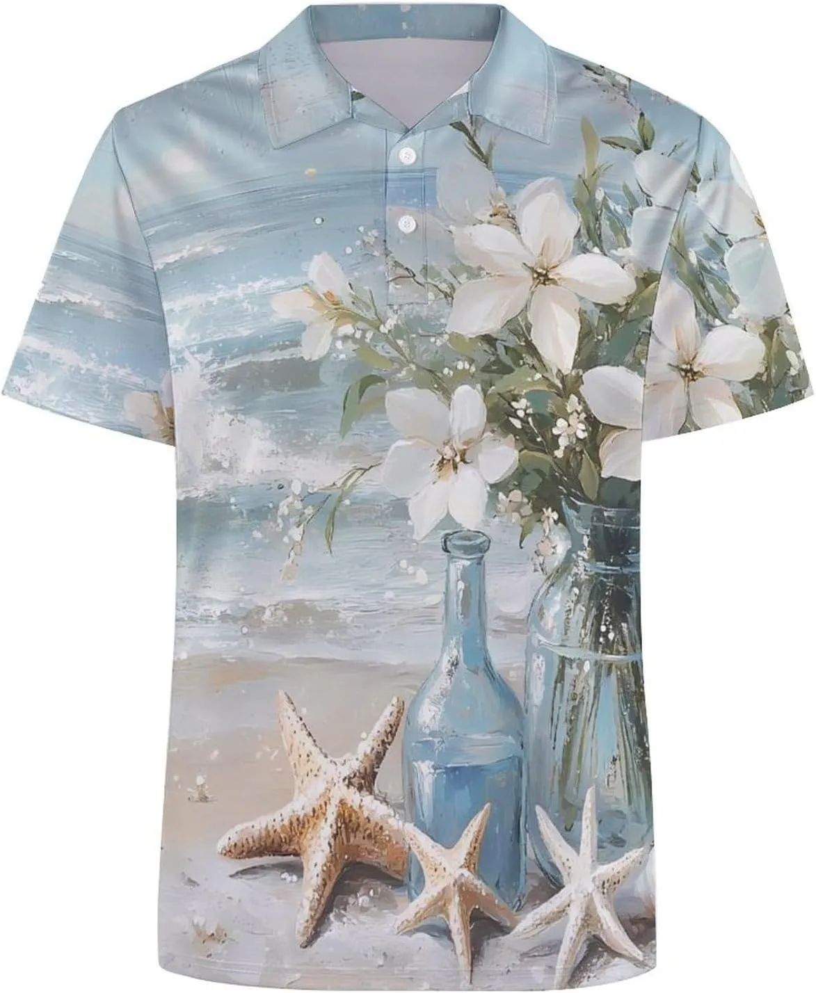 Vintage Seaside Flowers Starfish Shells Mens Polo Shirts Quick Dry Short Sleeve T-shirts Slim Tennis Collared Tees Tops
