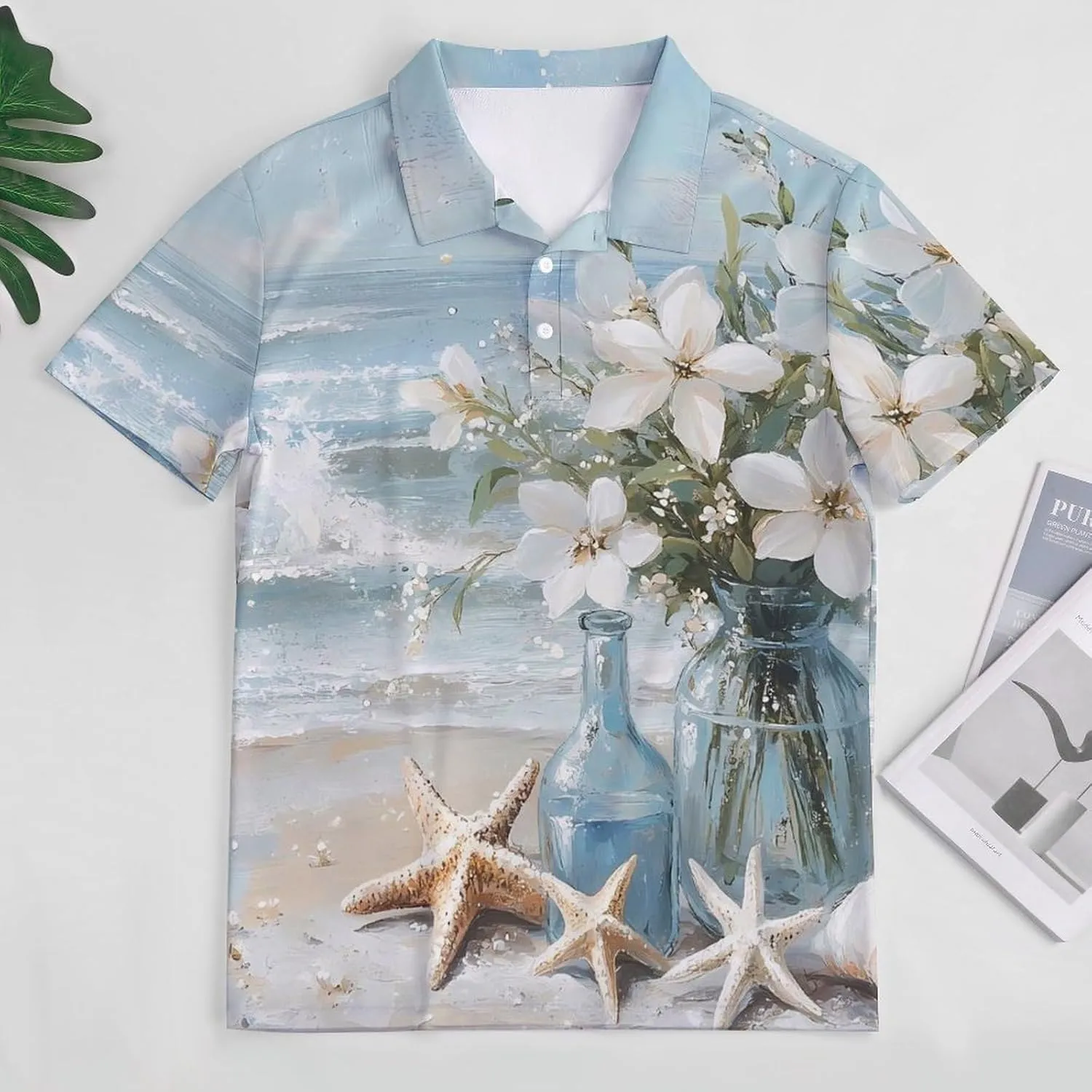 Vintage Seaside Flowers Starfish Shells Mens Polo Shirts Quick Dry Short Sleeve T-shirts Slim Tennis Collared Tees Tops
