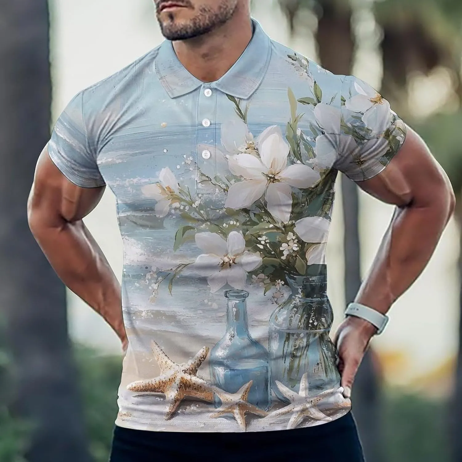 Vintage Seaside Flowers Starfish Shells Mens Polo Shirts Quick Dry Short Sleeve T-shirts Slim Tennis Collared Tees Tops