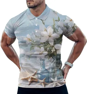 Vintage Seaside Flowers Starfish Shells Mens Polo Shirts Quick Dry Short Sleeve T-shirts Slim Tennis Collared Tees Tops