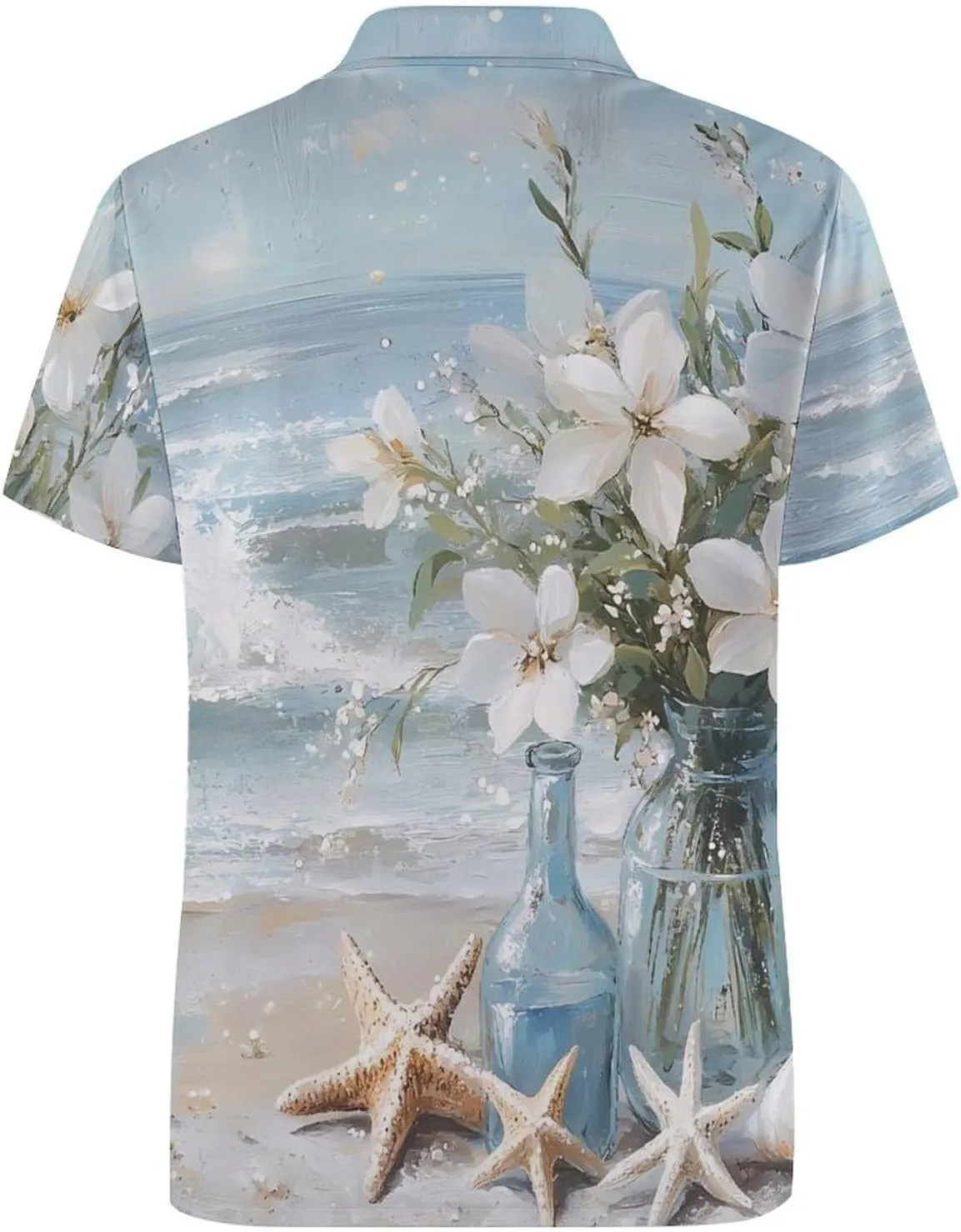 Vintage Seaside Flowers Starfish Shells Mens Polo Shirts Quick Dry Short Sleeve T-shirts Slim Tennis Collared Tees Tops