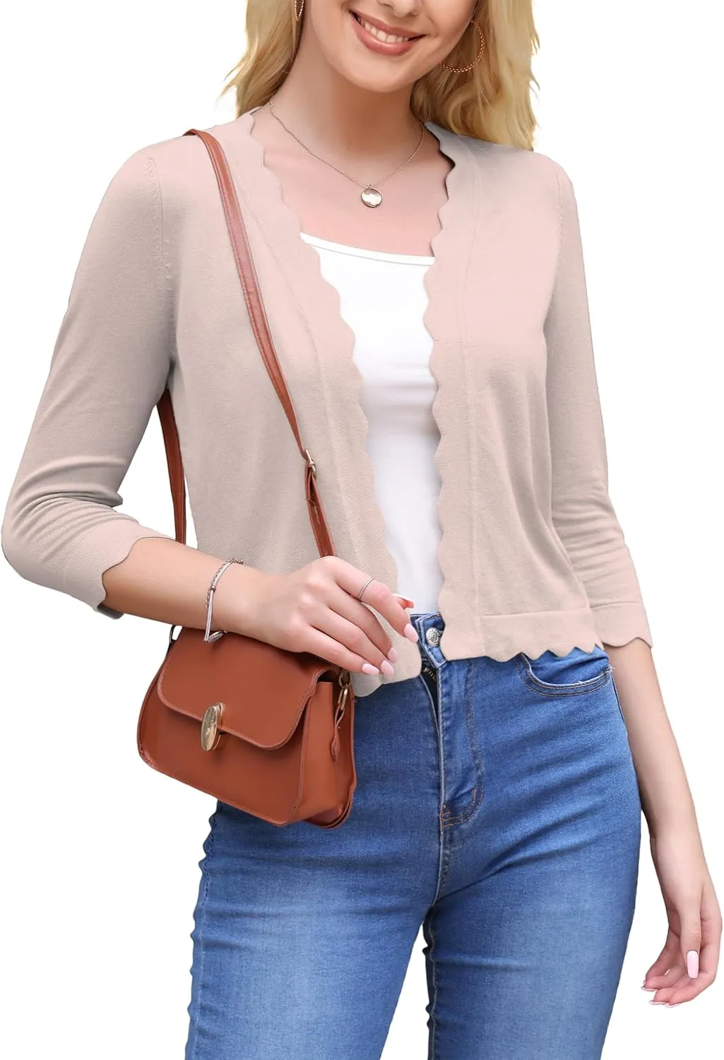 VOIANLIMO Women's 3/4 Sleeve Cropped Cardigan Sweaters Knit Open Front Bolero Short Shrugs for Dresses
