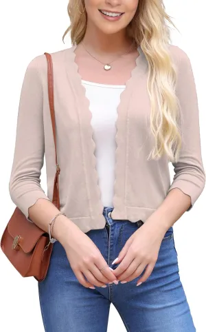 VOIANLIMO Women's 3/4 Sleeve Cropped Cardigan Sweaters Knit Open Front Bolero Short Shrugs for Dresses