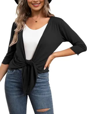 VOIANLIMO Women's Tie Front Casual 3/4 Sleeve Cropped Bolero Lightweight Sheer Shrug Cardigans S-XL
