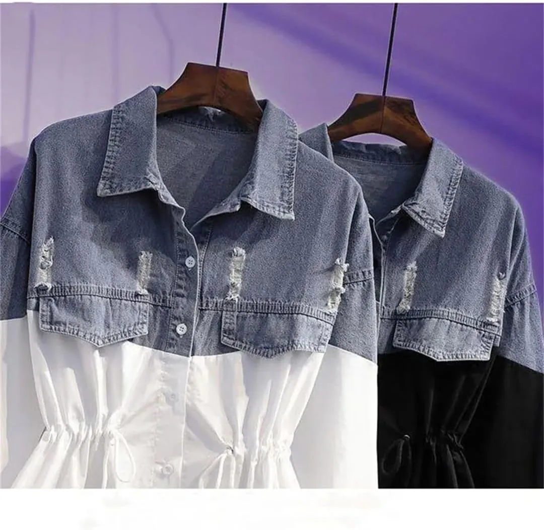 Vsadsau Women's Patchwork Denim Jacket, Loose Casual Long Sleeve Buttons Shirt, Lapel Jean Coats