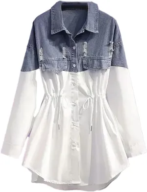 Vsadsau Women's Patchwork Denim Jacket, Loose Casual Long Sleeve Buttons Shirt, Lapel Jean Coats