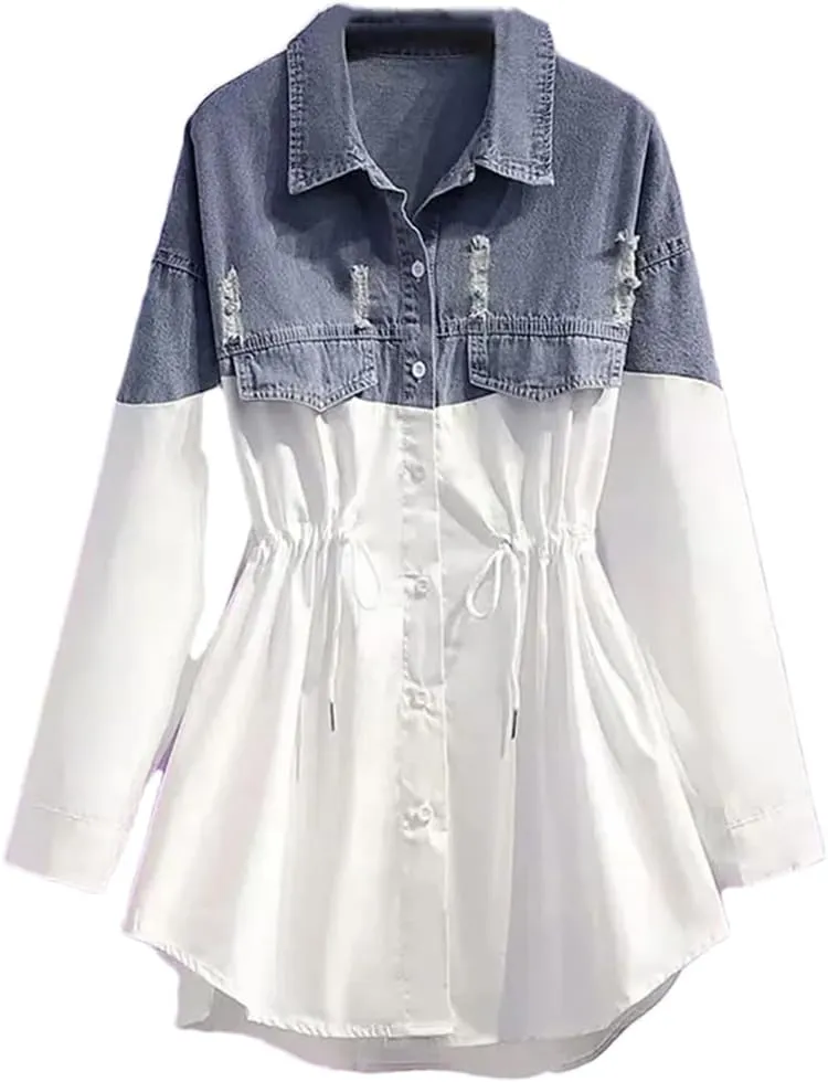 Vsadsau Women's Patchwork Denim Jacket, Loose Casual Long Sleeve Buttons Shirt, Lapel Jean Coats