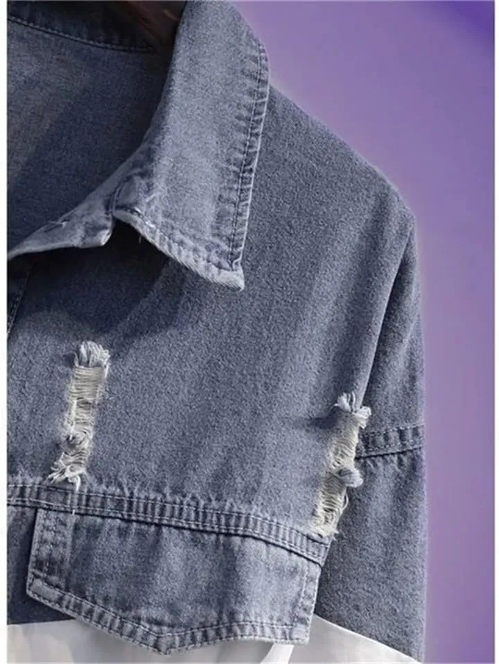 Vsadsau Women's Patchwork Denim Jacket, Loose Casual Long Sleeve Buttons Shirt, Lapel Jean Coats