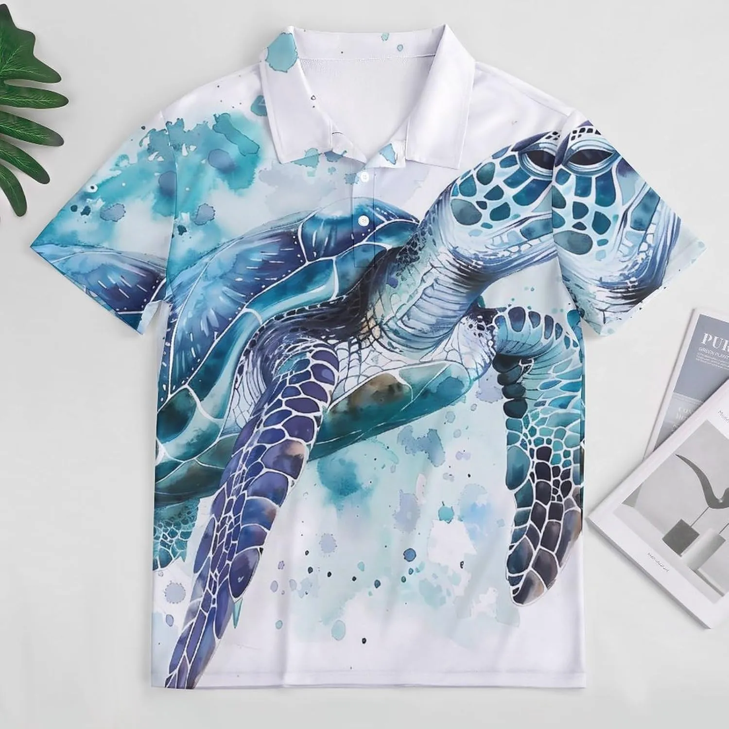 Watercolor Sea Turtle Swimming in Ocean Mens Polo Shirts Quick Dry Short Sleeve T-shirts Slim Tennis Collared Tees Tops