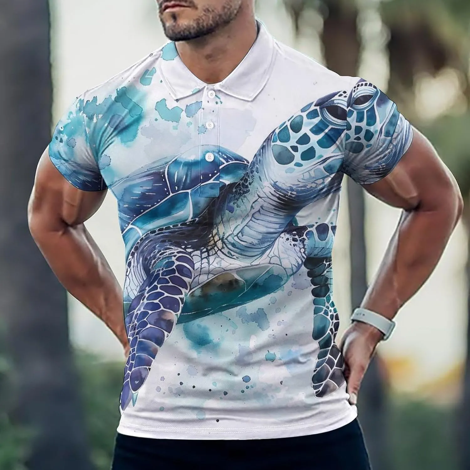 Watercolor Sea Turtle Swimming in Ocean Mens Polo Shirts Quick Dry Short Sleeve T-shirts Slim Tennis Collared Tees Tops