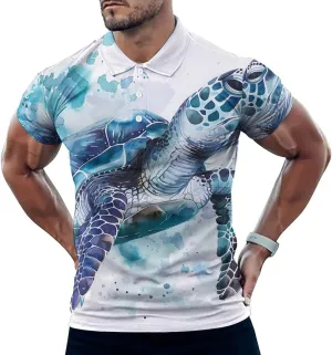 Watercolor Sea Turtle Swimming in Ocean Mens Polo Shirts Quick Dry Short Sleeve T-shirts Slim Tennis Collared Tees Tops