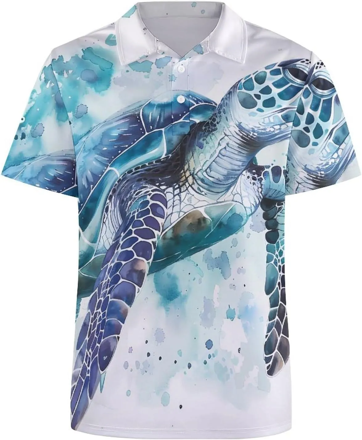 Watercolor Sea Turtle Swimming in Ocean Mens Polo Shirts Quick Dry Short Sleeve T-shirts Slim Tennis Collared Tees Tops