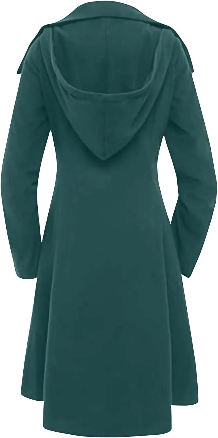 Winter Coats For Women Notch Lapel Double Breasted Pea Coats Swing Trench Coat Dressy Pleated Hooded Overcoats