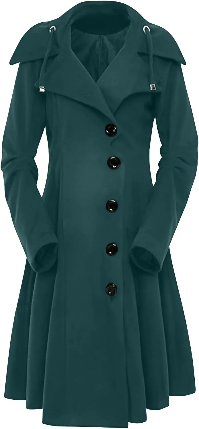 Winter Coats For Women Notch Lapel Double Breasted Pea Coats Swing Trench Coat Dressy Pleated Hooded Overcoats