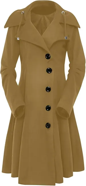Winter Coats For Women Notch Lapel Double Breasted Pea Coats Swing Trench Coat Dressy Pleated Hooded Overcoats