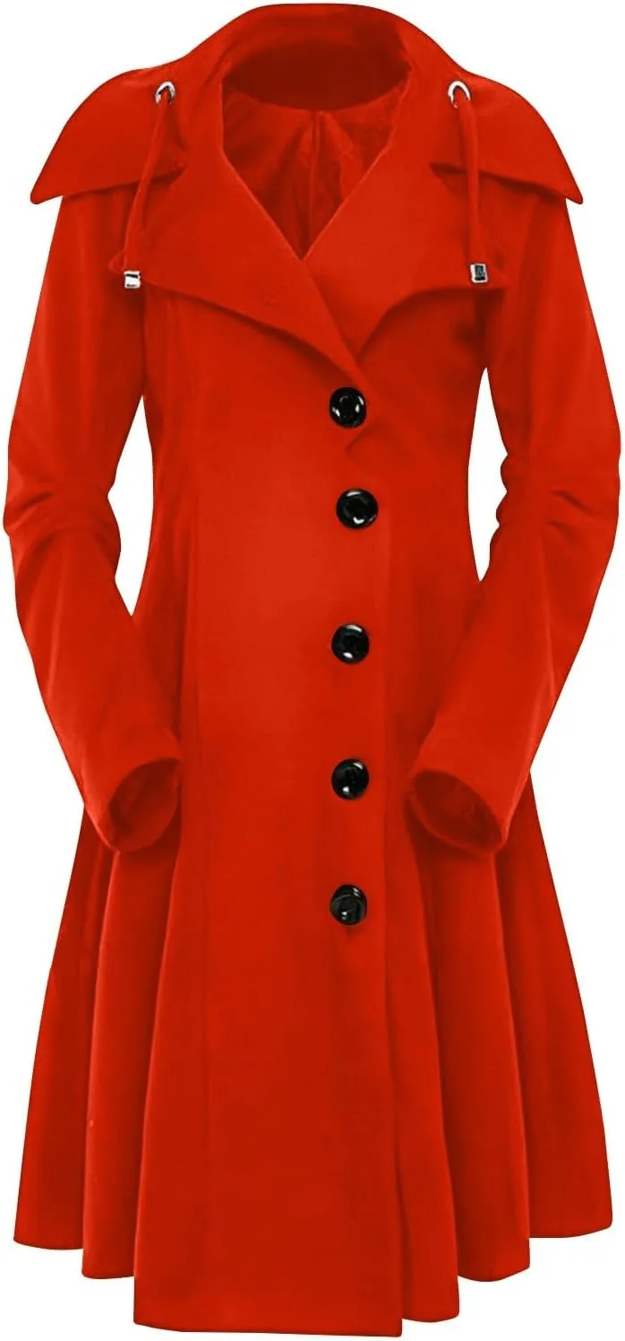 Winter Coats For Women Notch Lapel Double Breasted Pea Coats Swing Trench Coat Dressy Pleated Hooded Overcoats