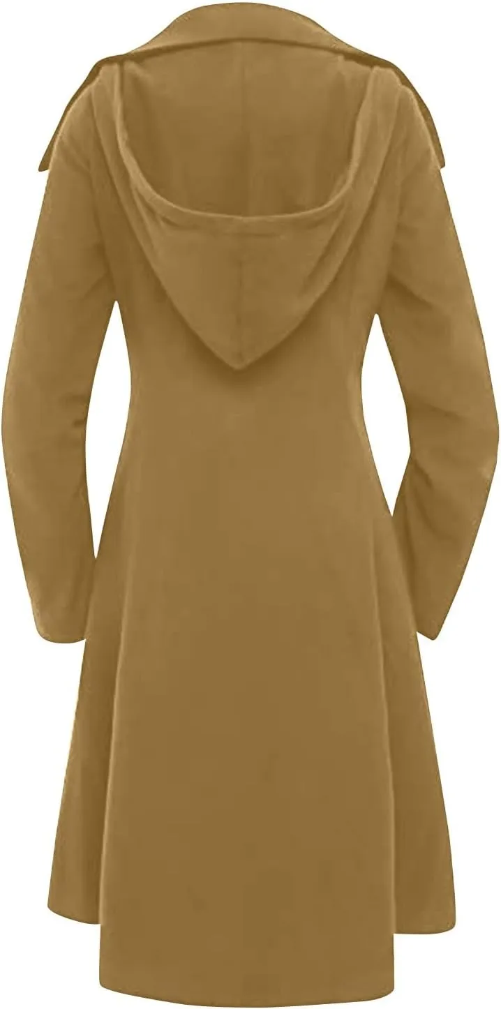 Winter Coats For Women Notch Lapel Double Breasted Pea Coats Swing Trench Coat Dressy Pleated Hooded Overcoats