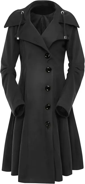 Winter Coats For Women Notch Lapel Double Breasted Pea Coats Swing Trench Coat Dressy Pleated Hooded Overcoats