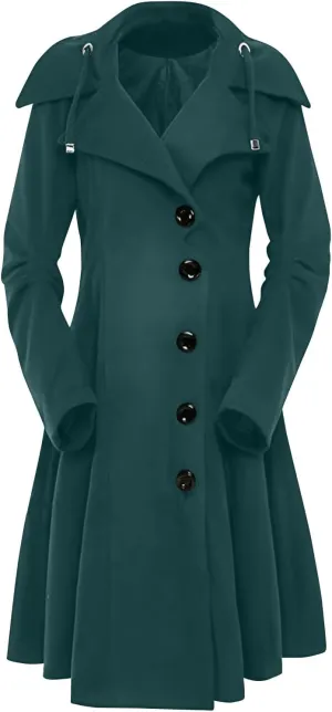 Winter Coats For Women Notch Lapel Double Breasted Pea Coats Swing Trench Coat Dressy Pleated Hooded Overcoats