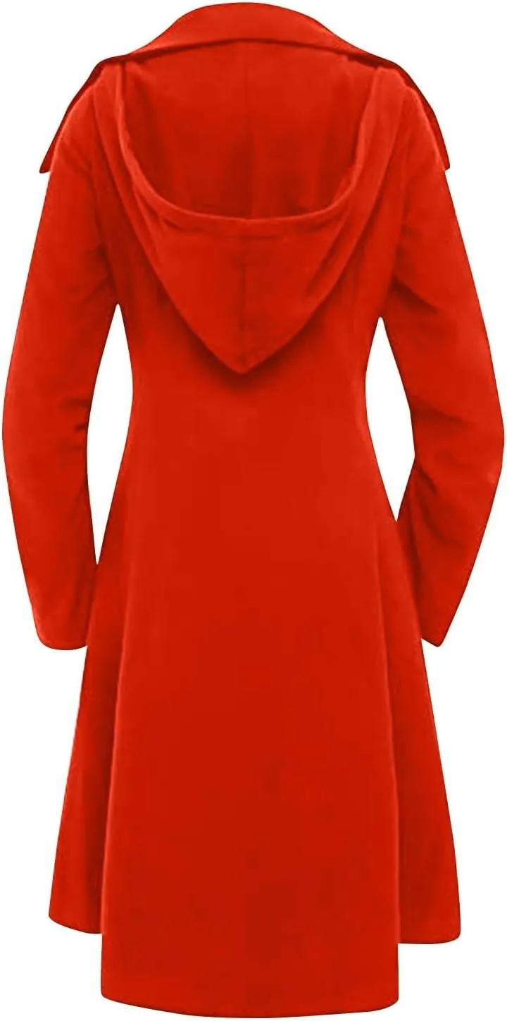 Winter Coats For Women Notch Lapel Double Breasted Pea Coats Swing Trench Coat Dressy Pleated Hooded Overcoats