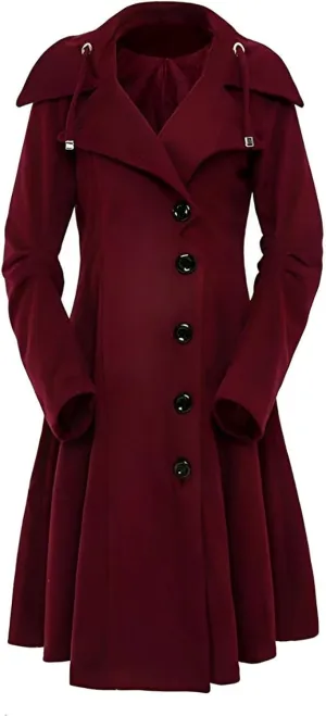 Winter Coats For Women Notch Lapel Double Breasted Pea Coats Swing Trench Coat Dressy Pleated Hooded Overcoats