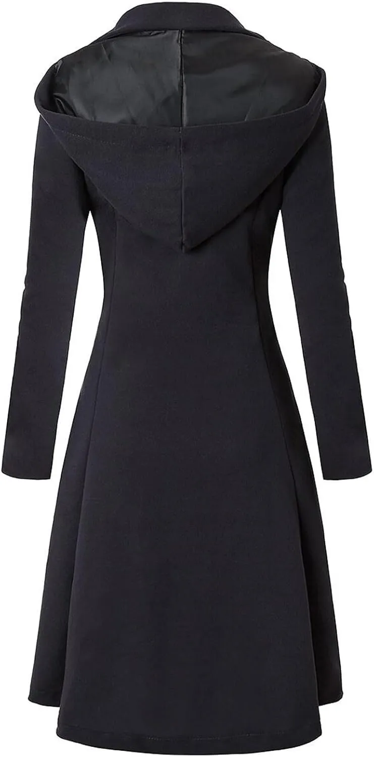Winter Coats For Women Notch Lapel Double Breasted Pea Coats Swing Trench Coat Dressy Pleated Hooded Overcoats