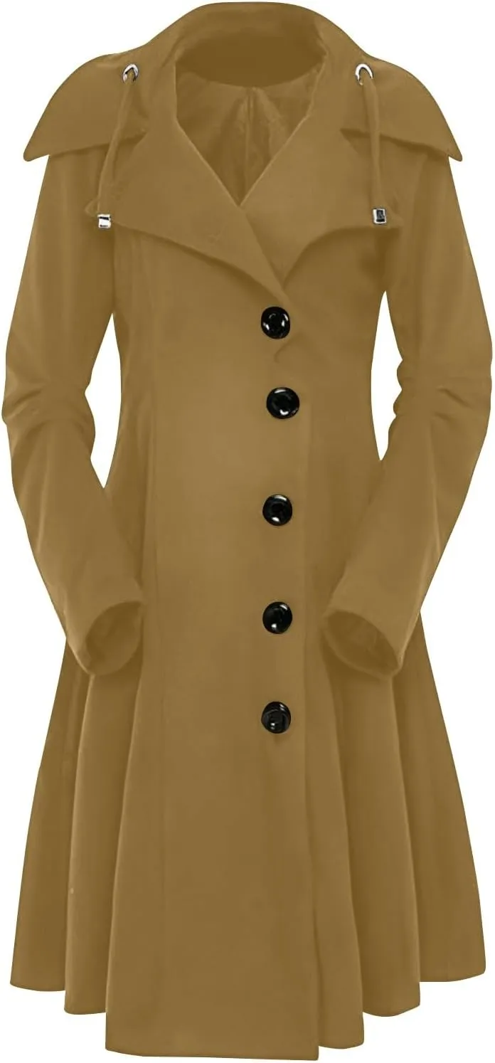 Winter Coats For Women Notch Lapel Double Breasted Pea Coats Swing Trench Coat Dressy Pleated Hooded Overcoats