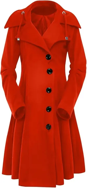 Winter Coats For Women Notch Lapel Double Breasted Pea Coats Swing Trench Coat Dressy Pleated Hooded Overcoats