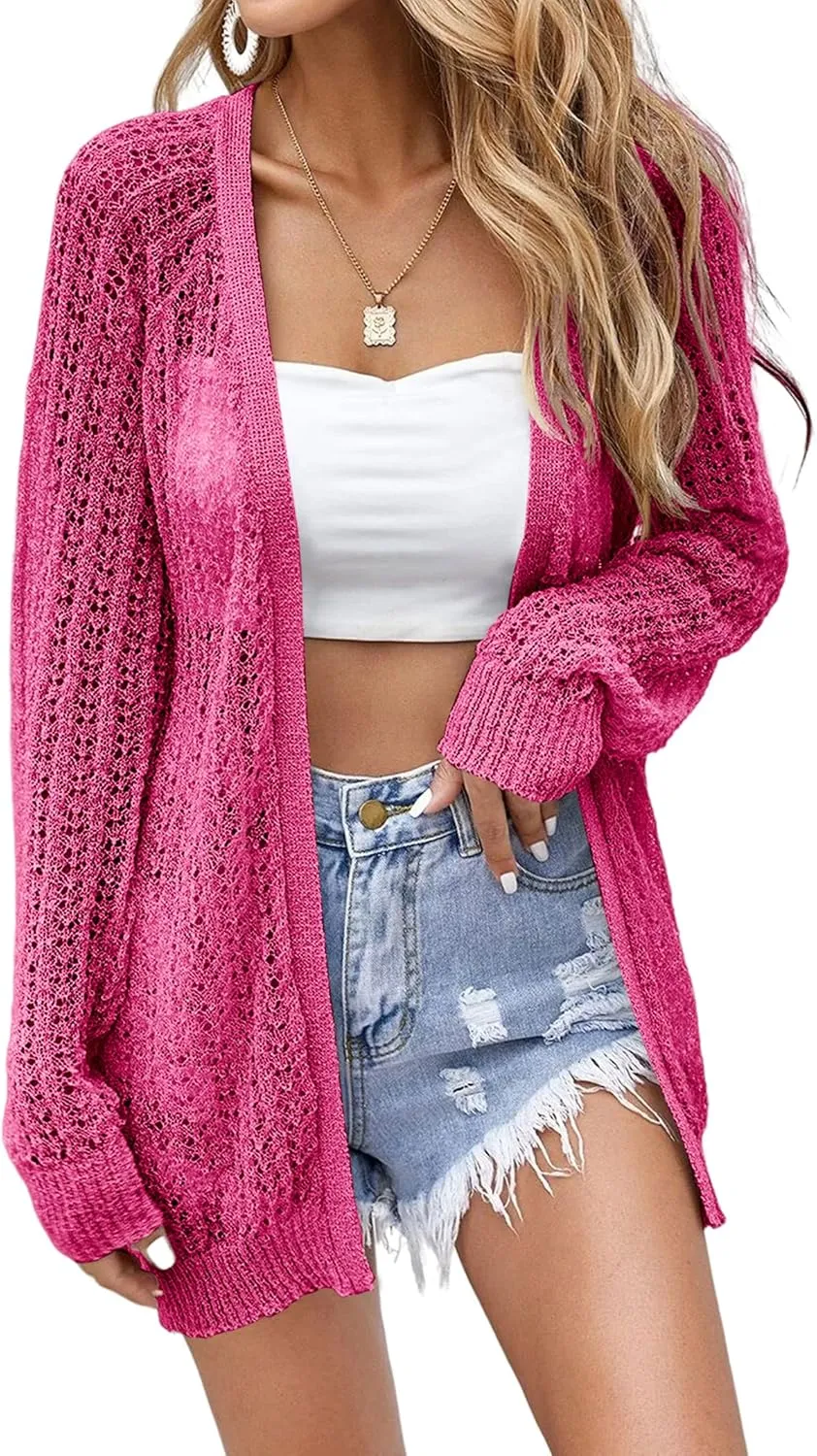 Women Crochet Lightweight Cardigan Cover Up Open Front Long Sleeve Summer Cardigans
