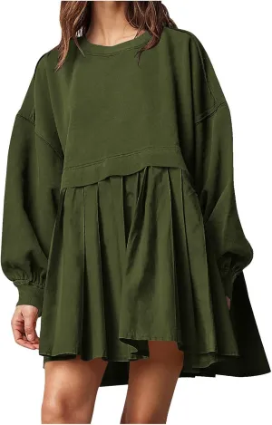 Women Oversized Sweatshirts Dress Long Sleeve Crewneck Patchwork Pleated Pullover Top Mini Dress Fall Outfits 2024