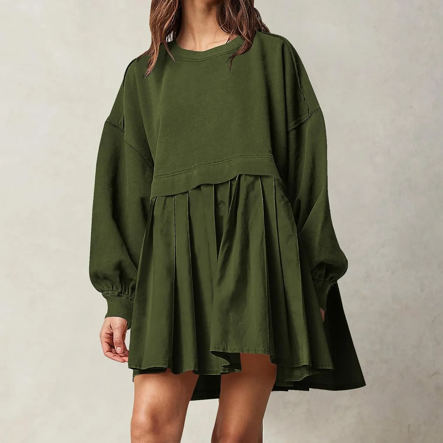 Women Oversized Sweatshirts Dress Long Sleeve Crewneck Patchwork Pleated Pullover Top Mini Dress Fall Outfits 2024