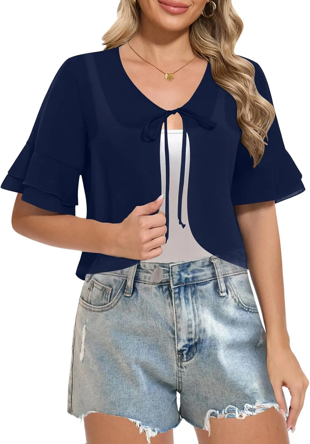 Women Shrug Chiffon Bolero Ruffle Short Sleeve Summer Tie Front Sheer Cardigans for Dresses