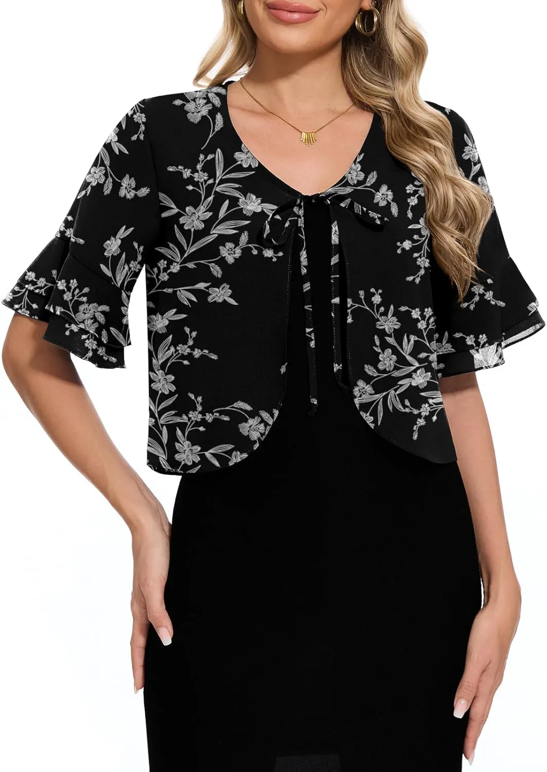 Women Shrug Chiffon Bolero Ruffle Short Sleeve Summer Tie Front Sheer Cardigans for Dresses