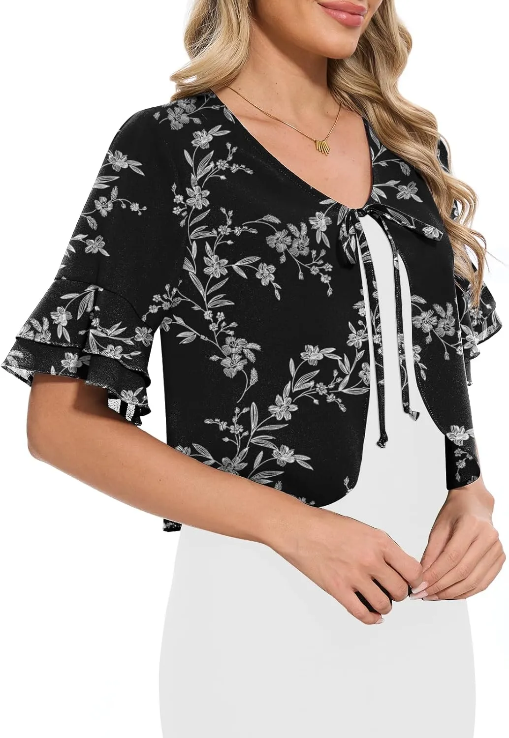 Women Shrug Chiffon Bolero Ruffle Short Sleeve Summer Tie Front Sheer Cardigans for Dresses