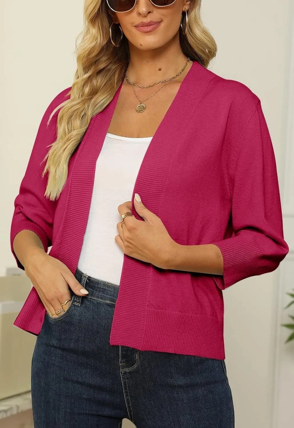 Womens 3/4 Sleeve Cropped Cardigan Sweater Fashion Cardigans Lightweight Knit Sweaters