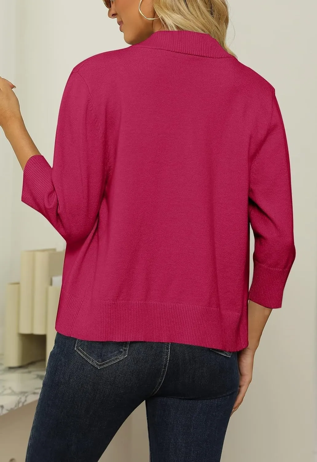 Womens 3/4 Sleeve Cropped Cardigan Sweater Fashion Cardigans Lightweight Knit Sweaters