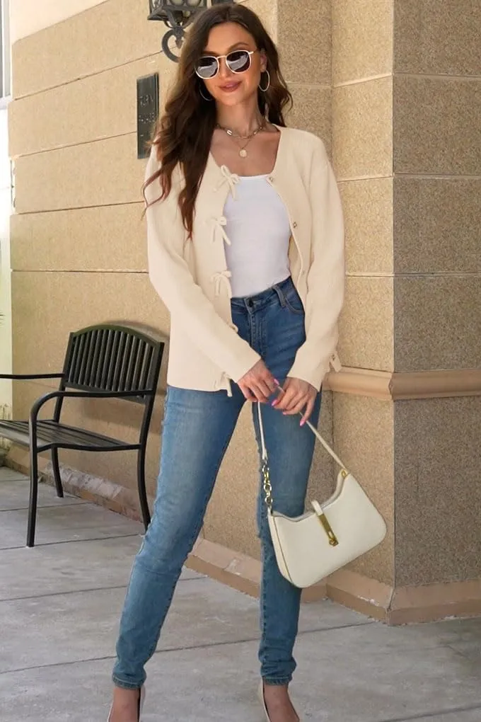 Women's Cardigan Sweaters Bow Button Down Cardigans Fall Fashion Clothes Knit Tie Open Front Coats