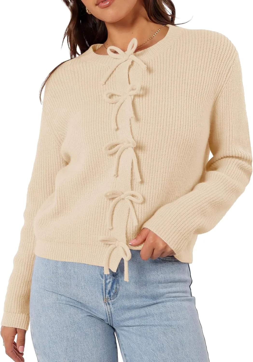 Women's Cardigan Sweaters Bow Button Down Cardigans Fall Fashion Clothes Knit Tie Open Front Coats