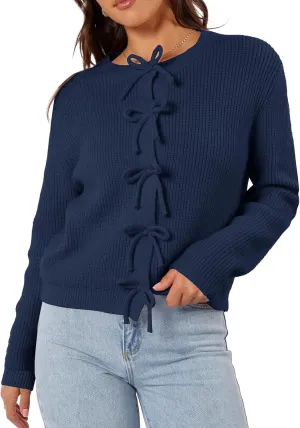 Women's Cardigan Sweaters Bow Button Down Cardigans Fall Fashion Clothes Knit Tie Open Front Coats